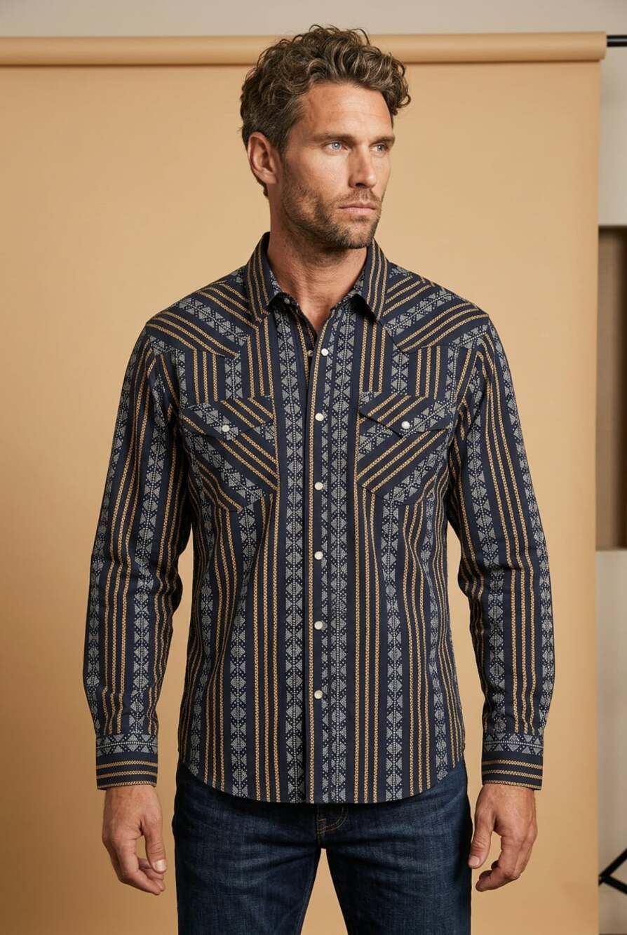 Wrangler Retro Long Sleeve Stripe and Geometric Print Pearl Snap Western Shirt